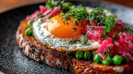 Toasted bread topped with fried egg, peas, red onions, and herbs