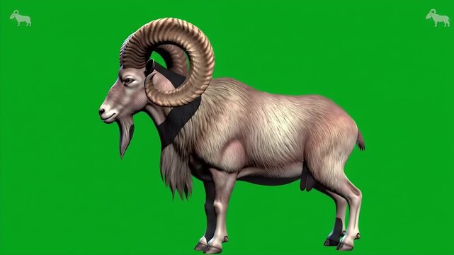 Majestic Asiatic Urial Ram Walks in Front of a Vibrant Green Screen Showing its Light Brownish Grey Fur and Large Curving Horns Perfect for Wildlife Education and Nature Documentaries Featuring