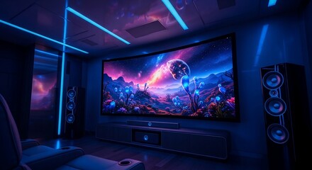 Immersive Home Theater with Curved Screen Displaying Alien Landscape and Blue Lighting