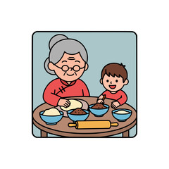 Smiling grandmother and child work side by side, rolling out dough and mixing fillings for dumplings