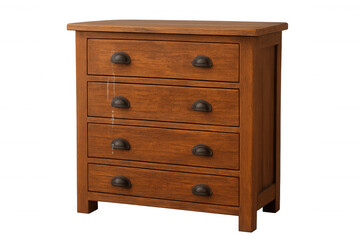 Vintage wooden dresser featuring four drawers, antique metal handles, standing against transparent backdrop for interior styling
