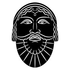 Face of a bearded man. Antique mask. Black and white silhouette.