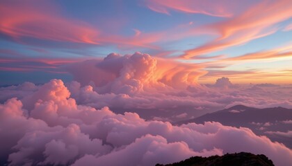 Fototapeta premium cloudy cotton candy sky with sunset peach with misty mauve, fluffy and voluminous, subtle rainbow glow in the distance, perspective from a mountain peak, magical and whimsical