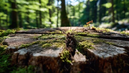 Obraz premium Close-up of a mossy tree stump in a sunlit forest