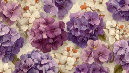 Obraz premium Atop a textured light beige backdrop, hydrangea blossoms in muted shades of purple, lavender, and cream fill the scene