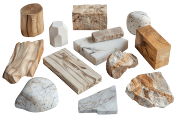 Assorted sculpted forms in light beige, tan, and white.  Various shapes, including cylinders, rectangles, ovals, and polygons, exhibiting different natural stone patterns and textures