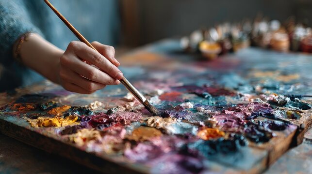 Close-up of artist mixing paints on palette - Powered by Adobe
