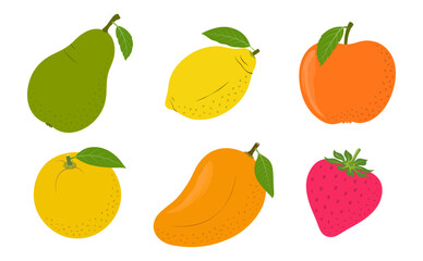 Summer tropical collection fruit, apple, pear, orange, strawberry, mango, avocado, and lemon. 
