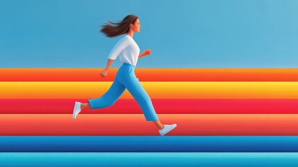 Businesswoman running up glowing digital timeline, achieving milestones, productivity and personal growth concept, data-driven business illustration, copy space for text,