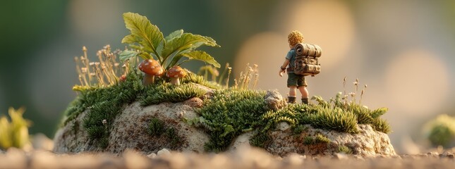 Miniature hiker on a mossy hill