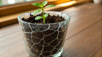 Close Up of Green Plant Cracked Chipped Glass Cup Rustic Pot Wooden Table Indoor Setting