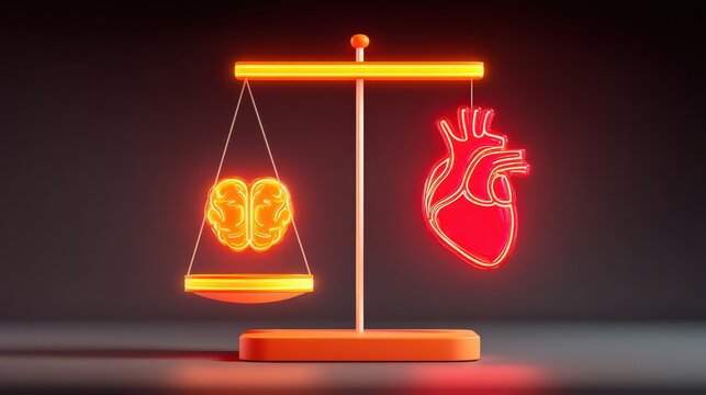 Glowing brain and heart icons balancing on scale, business decision-making between logic and emotion, abstract metaphor illustration, copy space for text,