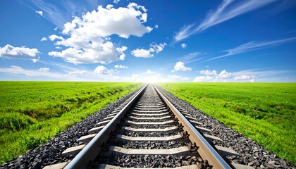 Railroad tracks stretching into a vibrant landscape under a vast blue sky
