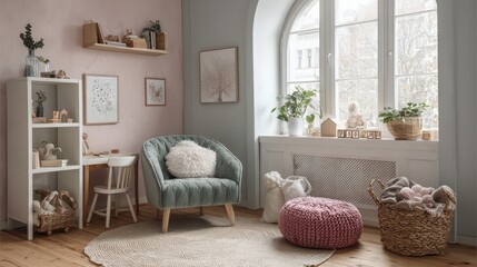 Cozy composition of kid room interior with round shelf, gray desk, green armchair, blue wall, braided rug, plush toys, braided basket, block toys and personal accessories.