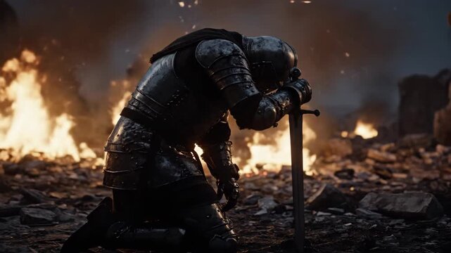 Weary Knight Solitude and Reflection Amidst the Ruins of Battle, Medieval Knight with Sword Amidst Firelight, ancient war, medieval war.
