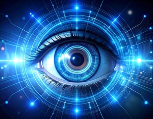 A realistic eye, digitally enhanced with glowing blue circuit board patterns