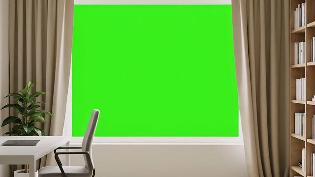 Modern home office interior with a large window and a green screen, perfect for virtual backgrounds or video conferencing.