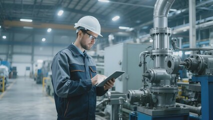 Engineer in a factory environment using a tablet for inspection