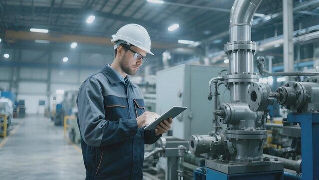 Engineer in a factory environment using a tablet for inspection
