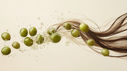 A notion of herbal hair care and silky lock depict by gooseberry fruits shiny locks flowing in air over pale beige setting lovely hue, Generative AI.