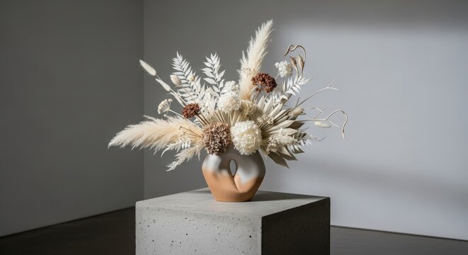 Elegant dried floral arrangement in sculptural ceramic vase on concrete pedestal. - Powered by Adobe