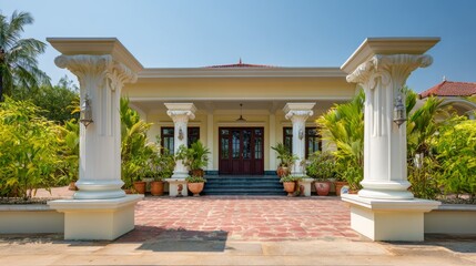 Fototapeta premium An elegant residence with classical columns, framed by blue skies and lush greenery. 