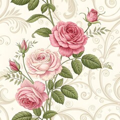Elegant vintage wallpaper with pink roses and green leaves on a cream background.










