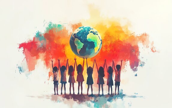 Generative AI illustration of children holding an Earth globe above their heads, symbolizing unity and commitment to saving the planet