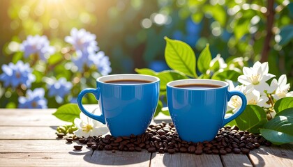 cups of coffee with flowers on wooden table