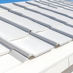 Close-up view of white roof tiles under blue sky