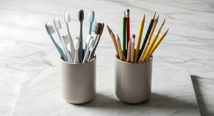 Obraz premium Two cups, one filled with toothbrushes and the other with pencils, arranged on a marble surface, representing organization and different uses for similar containers