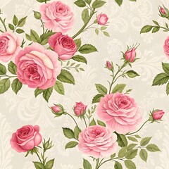 Elegant vintage wallpaper with pink roses and green leaves on a cream background.










