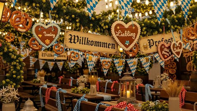 Willkommen Liebling Prost. Traditional Bavarian beer festival decorations with pretzels, gingerbread hearts, and hops in a festive tent.