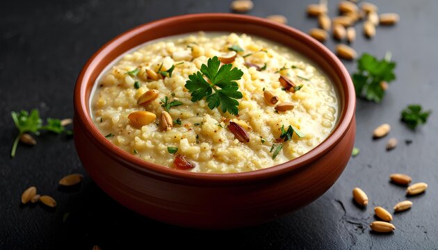 Jareesh wheat porridge in a clay bowl with spices,