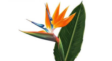Fototapeta premium Exotic Bird of Paradise Flower Illustration with Vibrant Colors and Tropical Leaf on White Background for Print Design