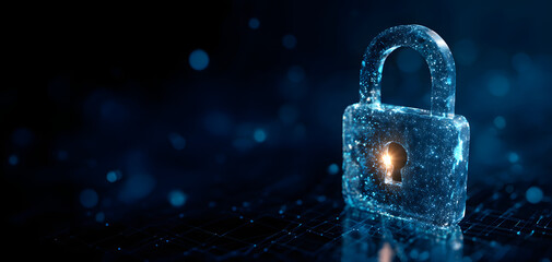 Convey the essence of cyber security technology with an image featuring a digital padlock representing data encryption and network protection, displayed against a deep blue backdrop, highlighting