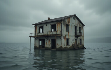 Rusted Abandoned House Submerged in Floodwater