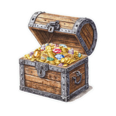 Open Wooden Treasure Chest Filled with Gold Coins