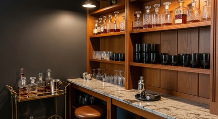 Elegant home bar with decanters, glassware, and granite countertop