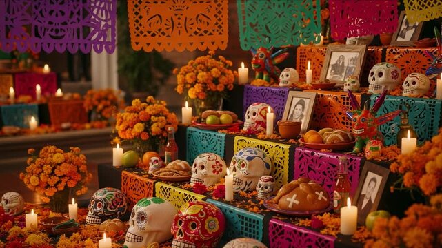 Colorful Dia de los Muertos altar ofrenda with sugar skulls, marigolds, and candles. Traditional Mexican holiday celebration for the Day of the Dead.