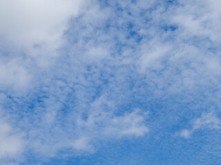 Obraz premium A vast expanse of bright blue sky adorned with scattered, fluffy white cumulus clouds, creating a serene and expansive natural backdrop.