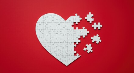 Heart shaped jigsaw puzzle on red background concept of love and heartbreak relationship issues and broken heart symbol