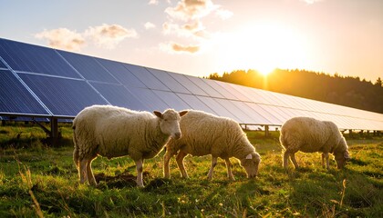 herd of sheep on the pasture with the solar panel background