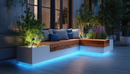 Modern outdoor seating area at night, lit by blue LEDs, with plants and cushions