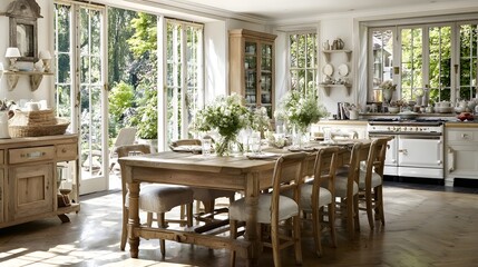 A light-filled kitchen diner with a rustic wooden table and chairs.