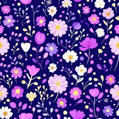 Seamless Purple Pink White Floral Pattern on Dark Blue Background