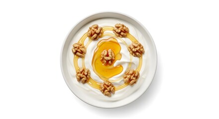 Creamy Greek Yogurt Bowl with Golden Honey Drizzle and Whole Walnuts on a Bright White Background, Healthy Breakfast or Dessert Option, Top View