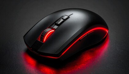Close-up of a black computer mouse with red LEDs