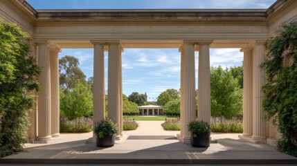 An elegant residence with classical columns, framed by blue skies and lush greenery.
