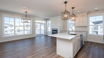 Bright, open-plan kitchen and dining area with large windows.